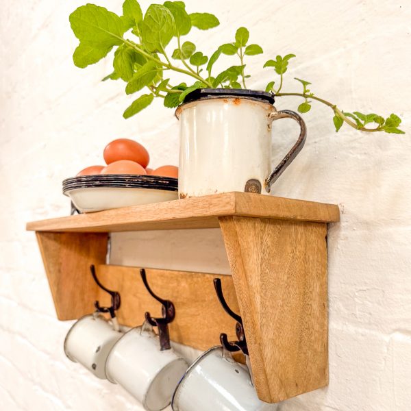 Wooden Shelf w/3 Iron Hooks