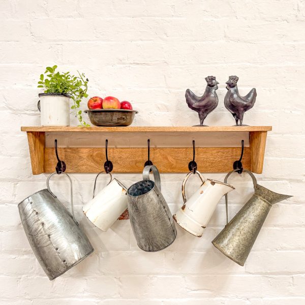 Wooden Shelf w/5 Iron Hooks