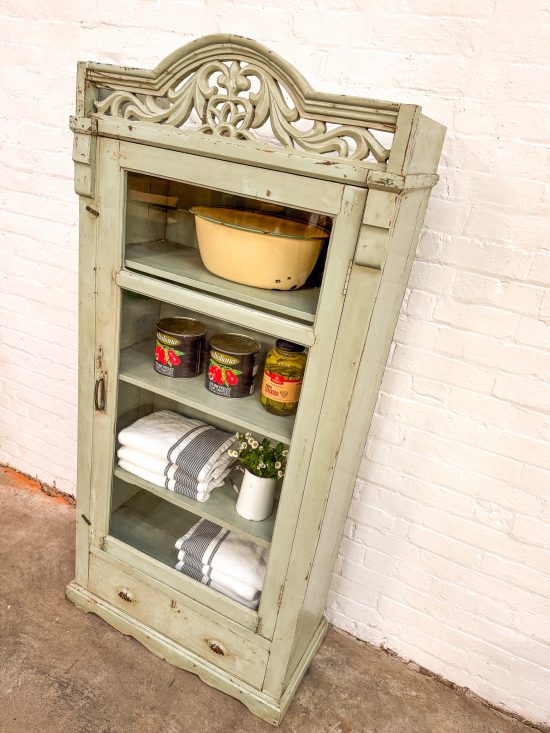 Original Duck Egg Blue Ornate Display Cabinet w/drawer