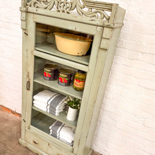 Original Duck Egg Blue Ornate Display Cabinet w/drawer